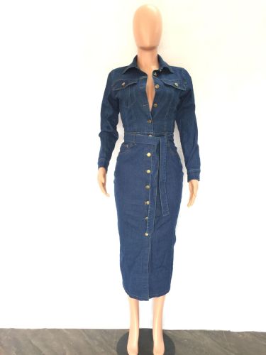 Denim long sleeve slim slim medium length single breasted jacket sexy women's dress