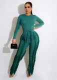 Women's suit fringed lace jumpsuit two-piece solid color sports