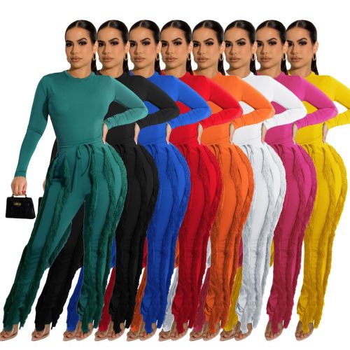 Women's suit fringed lace jumpsuit two-piece solid color sports