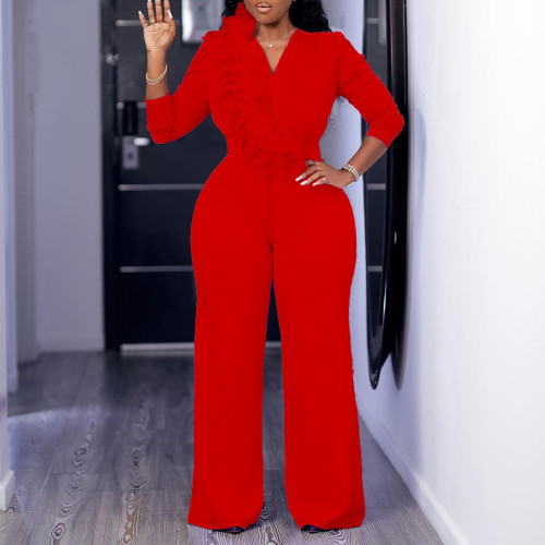 Stylish and elegant V-neck wide leg large jumpsuit