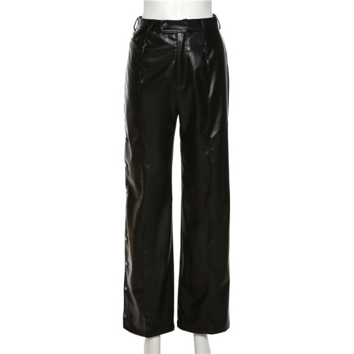 Sexy hollow-out hip lifting high waist tight button split imitation leather casual pants