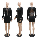 Perspective V-neck sexy party buttock dress fashion round neck long sleeve style