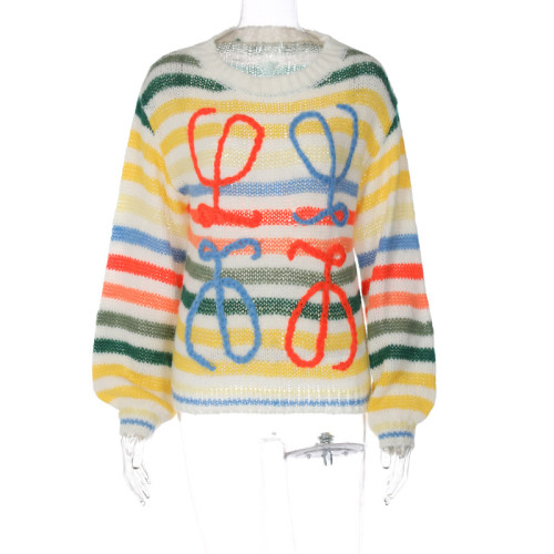 Rainbow contrast striped sweater Women's loose pullover sweater