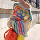Rainbow contrast striped sweater Women's loose pullover sweater
