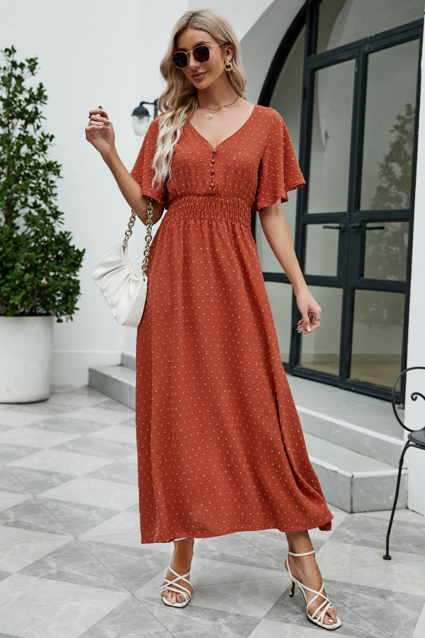 Dress V-neck short sleeve long skirt with large swing