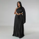 Single-shoulder pleated skirt with diagonal collar and waistband imitation silk dress
