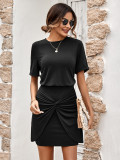 Casual solid color round neck knitted slim wrap hip dress