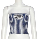 Women's fashion stripe print panel cut-out slim wrap chest top