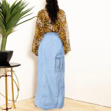 Fashion personality denim wash pocket split fringed skirt