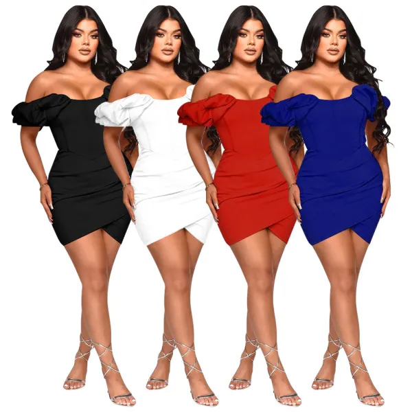 Solid color petal sleeve sexy waistband fishbone dress