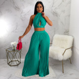 Hanging neck and backless imitation silk pleated wide leg pants two-piece set