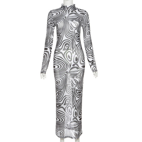 Fashion sexy mesh zebra print long-sleeved slim dress