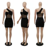 Sexy diagonal neck sequin patchwork polyester nightclub party buttock dress