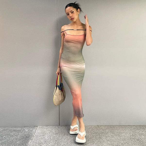 Tie-dyed suspender sleeveless slim high waist stepmother dress