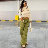 Loose large pocket zippered woven trousers with elastic waist drawcord hem casual pants