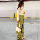 Loose large pocket zippered woven trousers with elastic waist drawcord hem casual pants