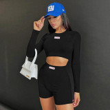 Basic rib long-sleeved top, high-waisted printed shorts suit, women's European and American casual fashion two-piece set