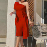 One-shoulder solid color temperament commuting bow large size dress dress dress