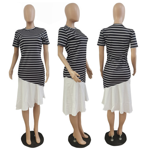 Stripe print patchwork short sleeve dress without belt