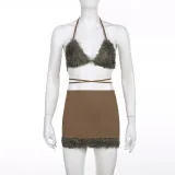 Fur patchwork lace-up vest, buttock wrap skirt suit, hot girl sexy two-piece set