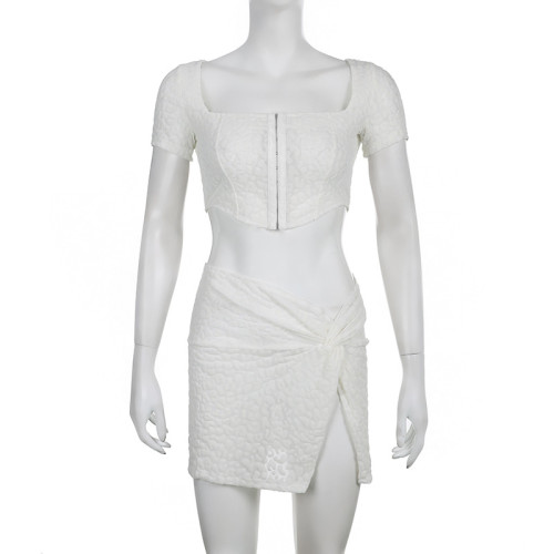 Temperament casual women's mesh flocked square neck zipper irregular open navel split skirt suit