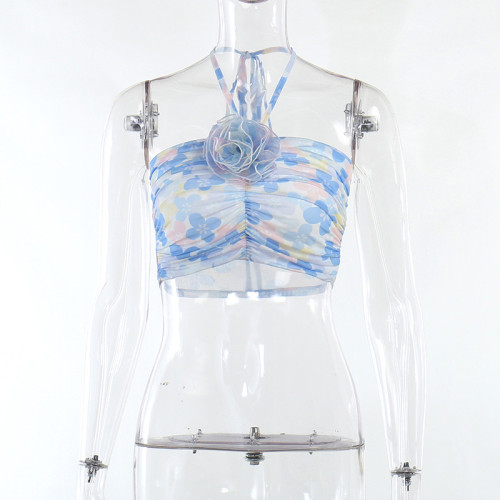 Three-dimensional flower hanging neck Spicy girl exposed navel top temperament slim versatile vest