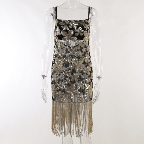Floral bead glittering tassel vintage dress sexy slim party dress suspender skirt