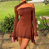 Hollow neck sexy tight sleeve A-line dress
