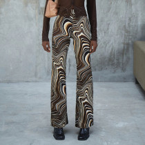 Fashion street water ripple contrast print high waist slim straight elastic display pants