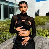 Fashion sexy mesh perspective tight long-sleeved bodysuit