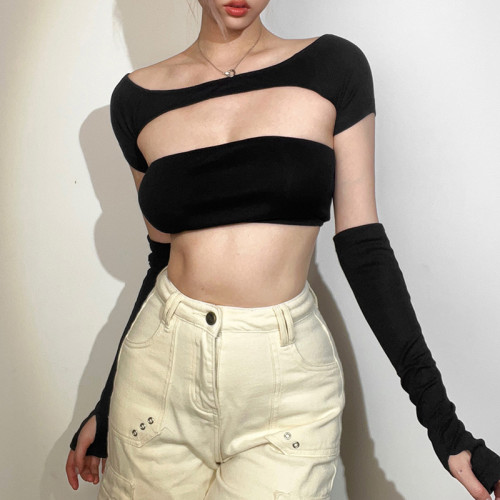 Women's sexy sleeve, one-line neck, hollowed-out chest wrap, open-waist T-shirt