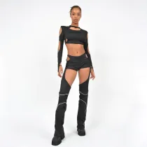 Irregular hollowed-out round neck, long sleeve, ultra-short, exposed navel pullover, high waist, slightly flared trousers, fashion suit