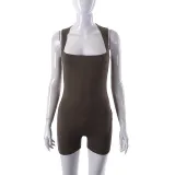 Solid color high waist tight sports yoga jumpsuit short
