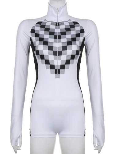 Checkered contrast print half-high neck zippered long-sleeved bodysuit shorts