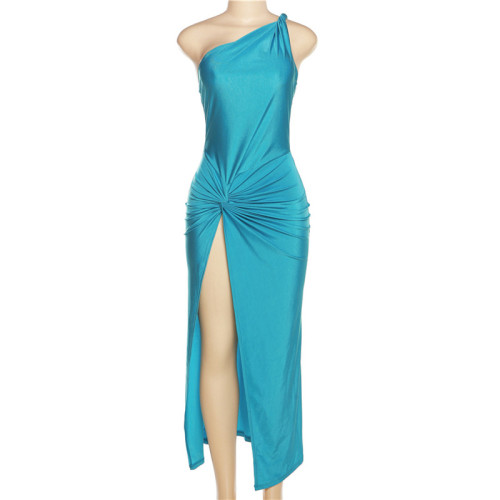 Women's solid color fashion temperament one-shoulder open back pleated split dress