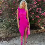 Women's see-through mesh sexy backless lace-up patchwork ear hem dress