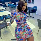 Graffiti print casual fashion long-sleeved slim short dress