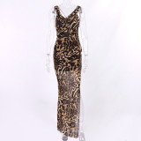 Mesh dress sexy print leopard print high split open back pile neck dress