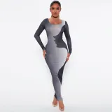 Color-blocking portrait casual U-neck long sleeve slim long dress