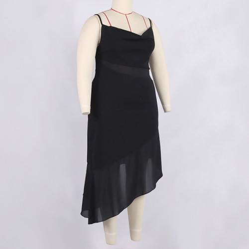 Large women's dress chiffon perspective pile neck irregular sling dress