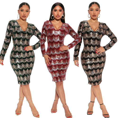 Sequin Sexy Deep V Long Sleeve Slim Fit Wrap Hip Dress Party Night Club Carnival Dress
