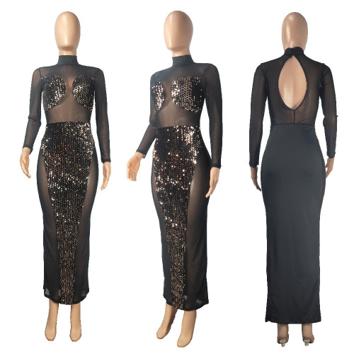 Fashion one-step dress nightclub sequin sexy perspective fashion banquet evening dress dress