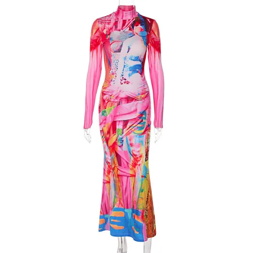 Fashion print high-elastic long-sleeved stand-up collar skirt, versatile dress for going out