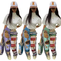 Women's fashionable loose color pattern fringed trousers