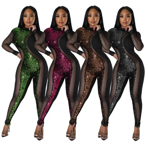 Women's long nightclub sequin perspective mesh sexy jumpsuit