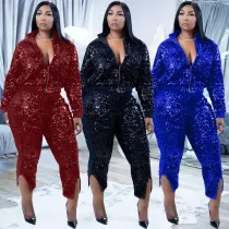 Women's gold velvet sequin stitching casual fashion double zipper two-piece trousers