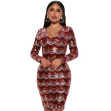Sequin Sexy Deep V Long Sleeve Slim Fit Wrap Hip Dress Party Night Club Carnival Dress