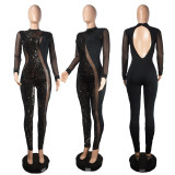 Women's long nightclub sequin perspective mesh sexy jumpsuit