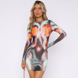 Fashion printing round neck long-sleeved body-fitting buttock dress