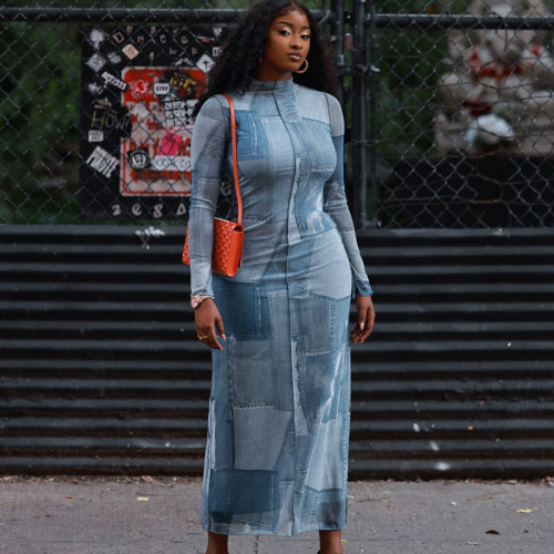 Fashion print slim contrast screen long dress